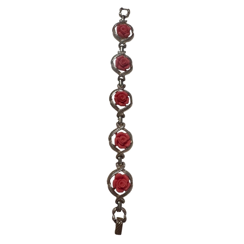 Vintage Sarah Coventry Coral Rose Jewelry Set Necklace Bracelet Clip Earrings - Picture 7 of 15
